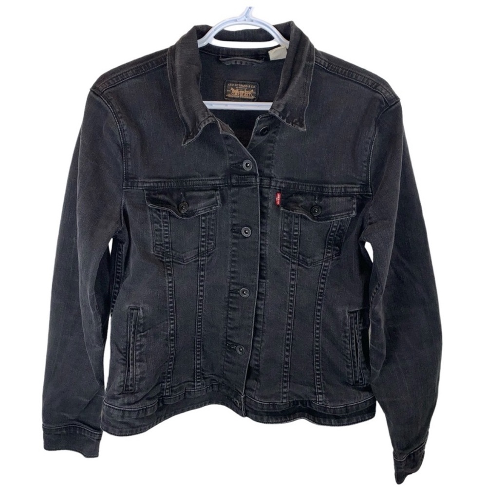 Levi's Black Faded Red Tab Stretch Denim Jean Trucker Jacket - Size L